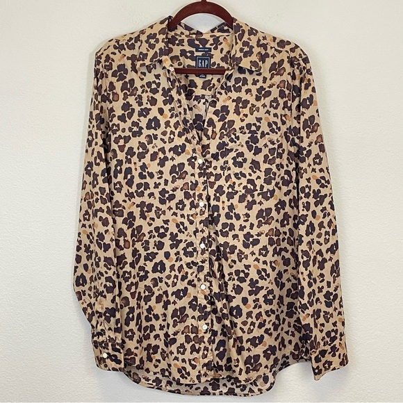 GAP Leopard Print Perfect Shirt Long Sleeves Cotton Button Up Blouse Size L Tall - Picture 3 of 13